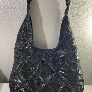 House of Harlow 1960 Glossy Black Quilted Hobo Bag